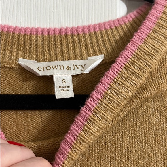 Crown & Ivy Oversized Brown White and Pink Striped Puff Sleeve Sweater Small - Picture 2 of 6